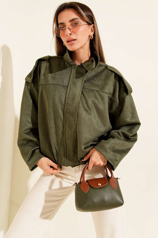 Gömlek Yaka Fermuarlı Süet Ceket Haki