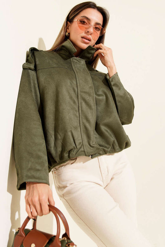 Gömlek Yaka Fermuarlı Süet Ceket Haki