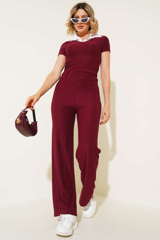 Gömlek Yaka Fitilli İkili Takım Bordo