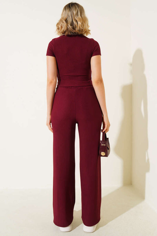 Gömlek Yaka Fitilli İkili Takım Bordo