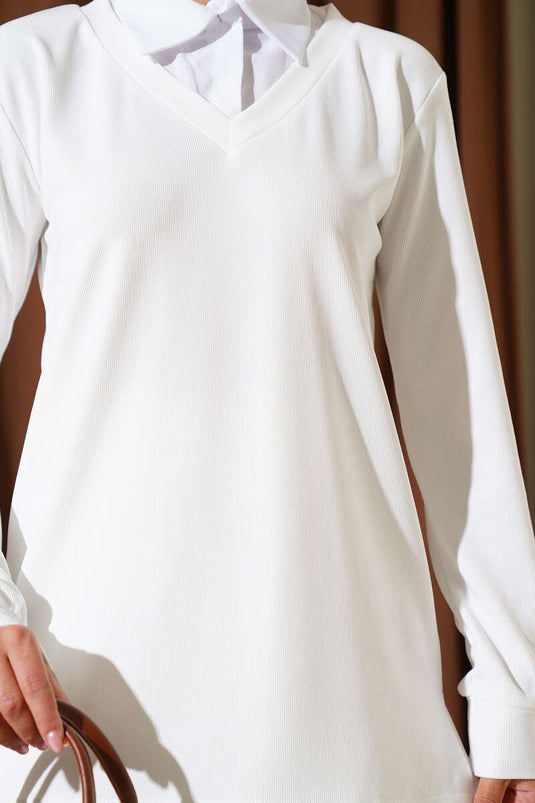 Gömlek Yaka Fitilli Salaş İkili Takım Beyaz