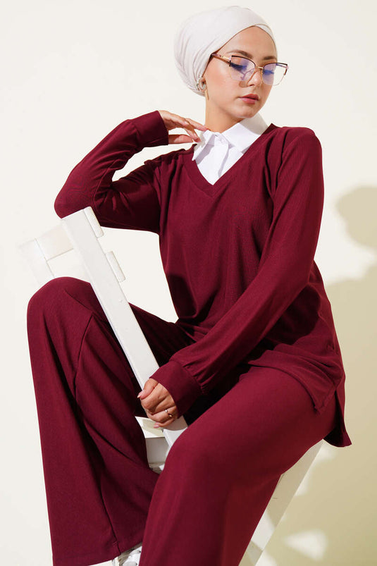 Gömlek Yaka Fitilli Salaş İkili Takım Bordo