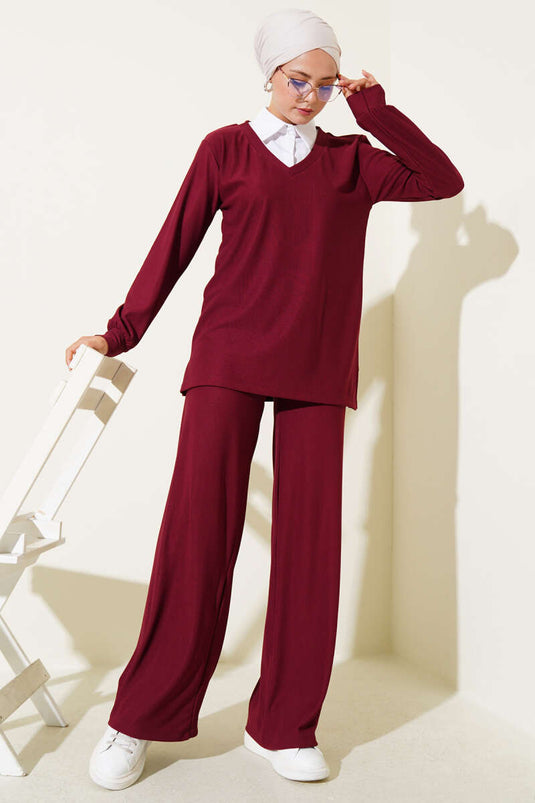 Gömlek Yaka Fitilli Salaş İkili Takım Bordo