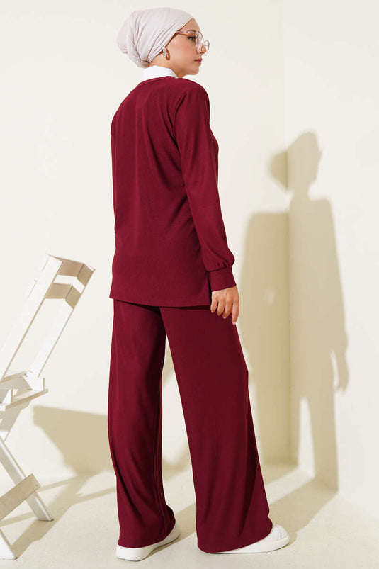 Gömlek Yaka Fitilli Salaş İkili Takım Bordo