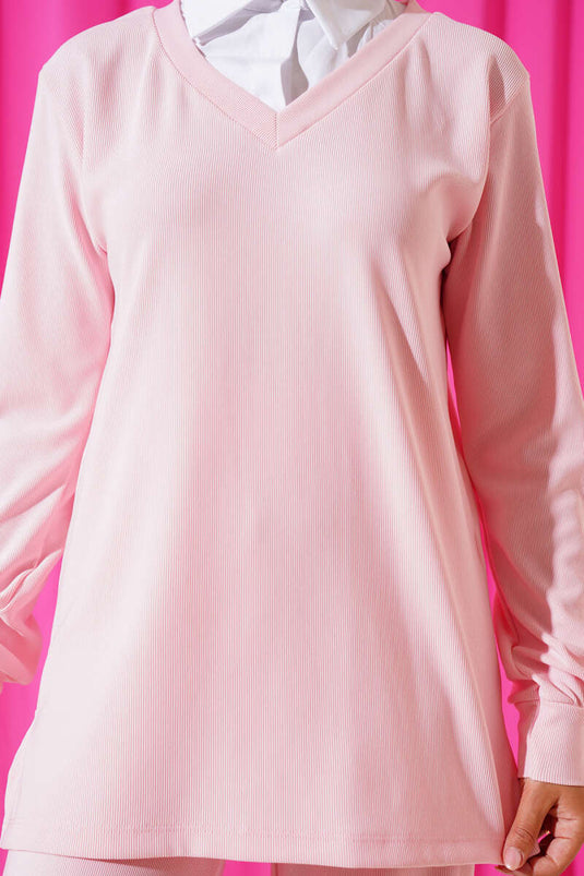 Gömlek Yaka Fitilli Salaş İkili Takım Pembe