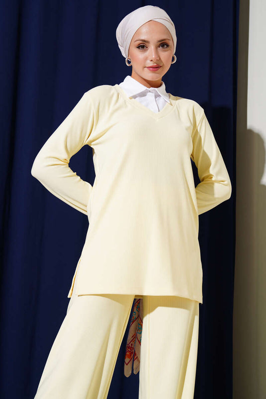 Shirt Collar Ribbed Casual Two Piece Suit Yellow