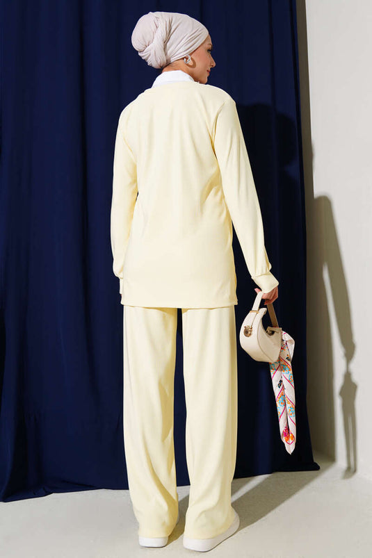 Shirt Collar Ribbed Casual Two Piece Suit Yellow