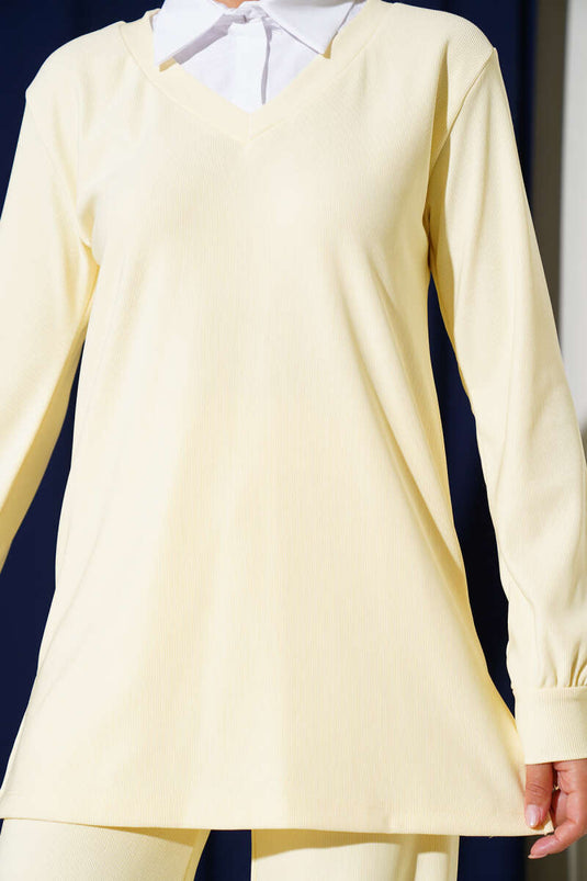 Shirt Collar Ribbed Casual Two Piece Suit Yellow