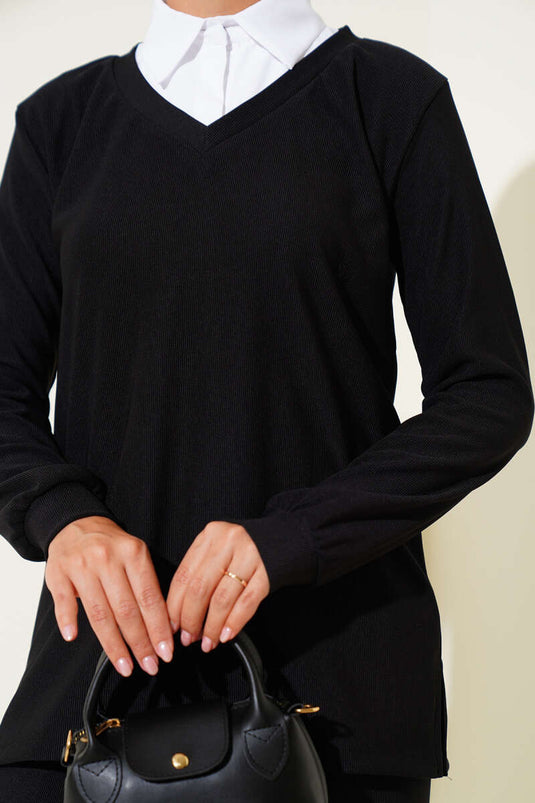 Gömlek Yaka Fitilli Salaş İkili Takım Siyah