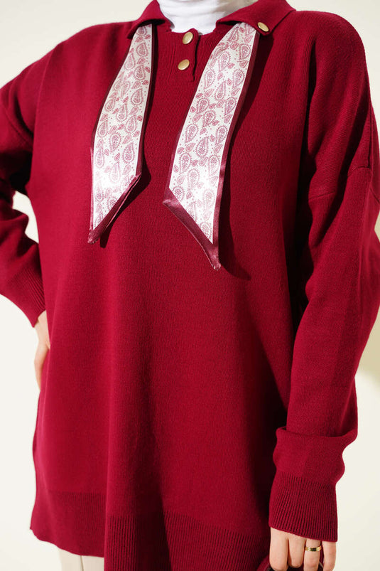 Shirt Collar Scarf Knitted Tunic, Burgundy