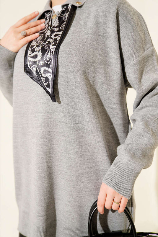 Shirt Collar Scarf Knitted Tunic Grey