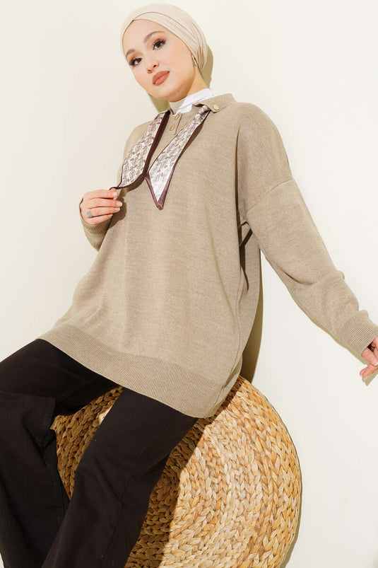 Chemise à col écharpe tunique tricotée latte