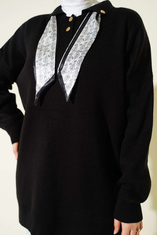 وشاح بياقة قميص، سترة محبوكة، أسود