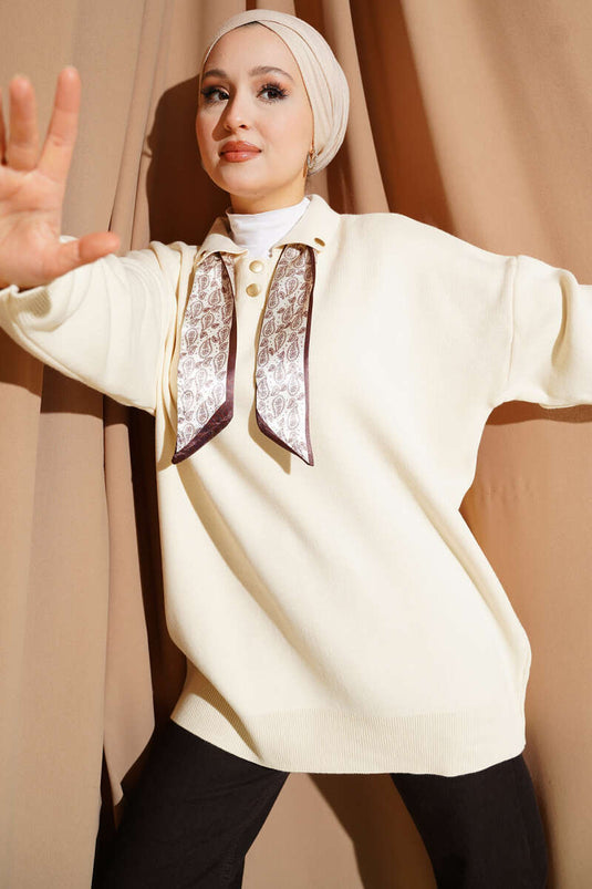 وشاح بياقة قميص، سترة محبوكة بلون حجري