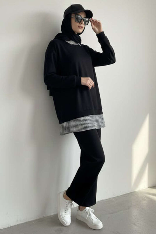 Shirt Collar Trimmed Two-Piece Set Black