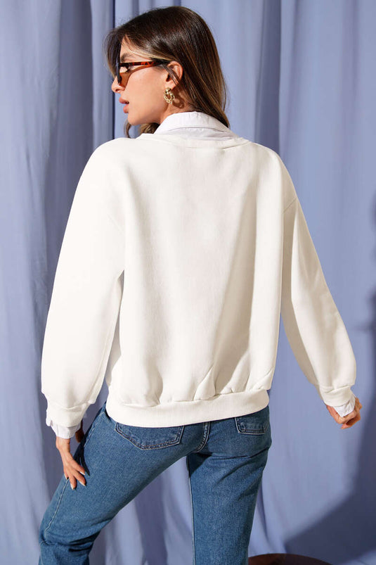 Shirt Collar Trimmed Brushed Sweatshirt, Ecru