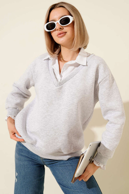 Shirt Collar Trimmed Brushed Sweatshirt Melange Grey