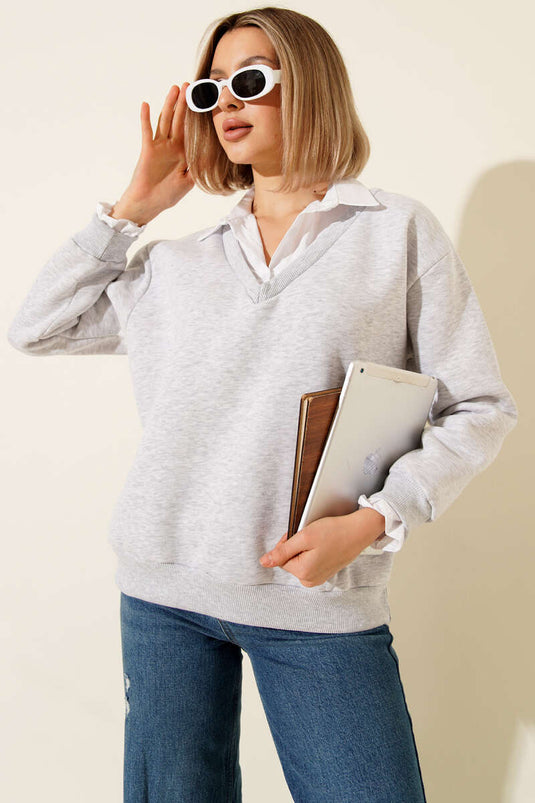 Sweat-shirt gris chiné à col montant et finition brossée