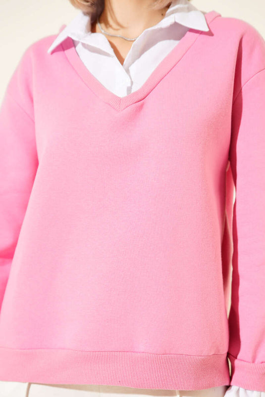 Gömlek Yaka Garnili Şardonlu Sweatshirt Pembe