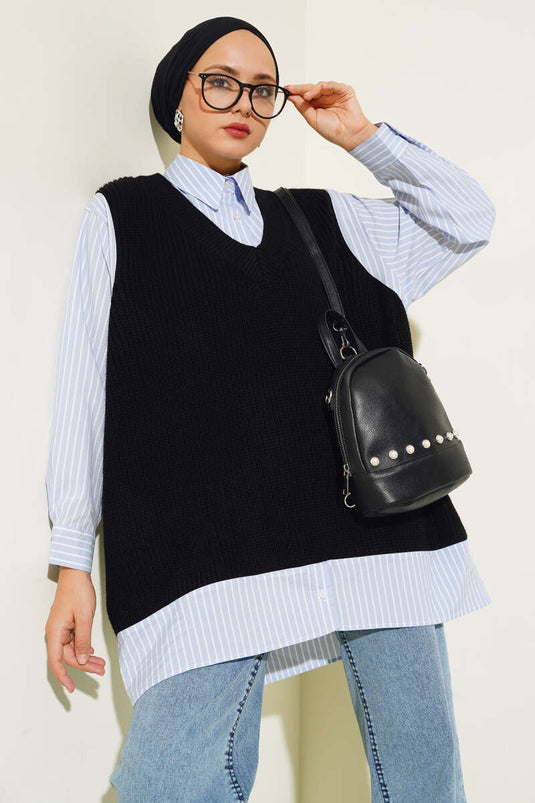 Shirt Collar Garnished Sweater Blue Black