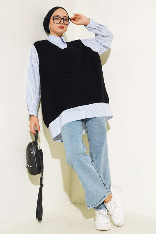 سترة مزينة بياقة قميص، أزرق وأسود