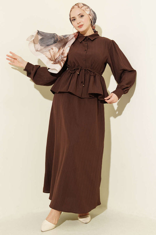 Shirt Collar Drawstring Skirt Two-Piece Set Brown