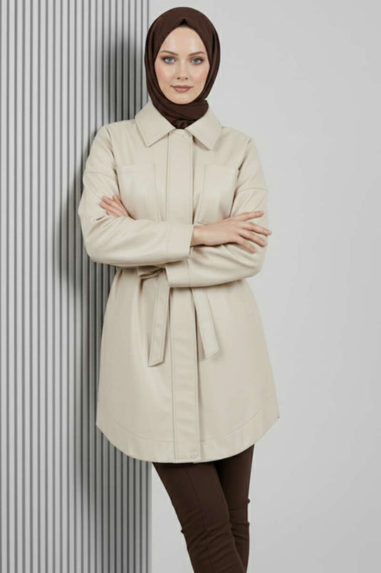 Shirt Collar Rope Belted Leather Jacket Beige