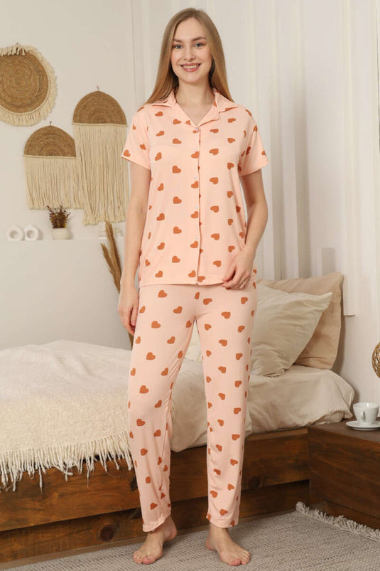 Shirt Collar Heart Patterned Pajama Set in Coral Pink