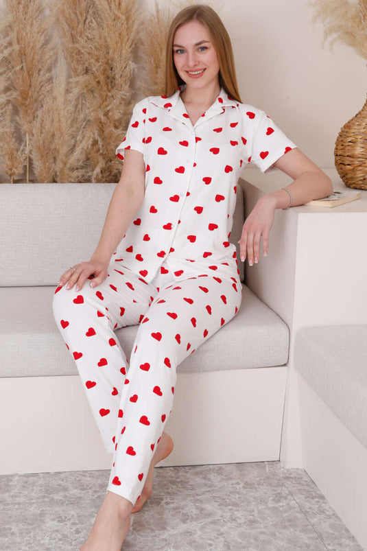 Ensemble pyjama blanc à manches courtes et col en forme de cœur