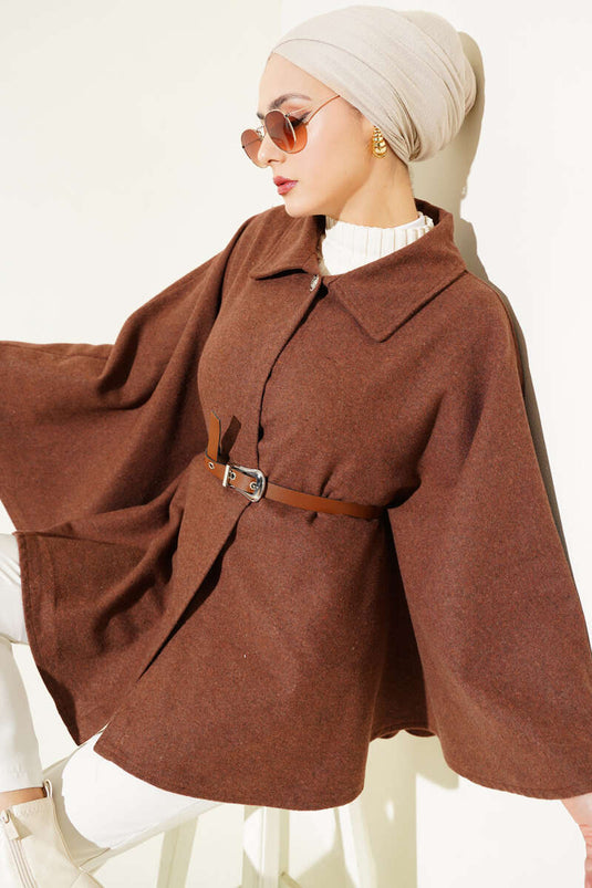 Shirt Collar Belted Cashmere Poncho Brown