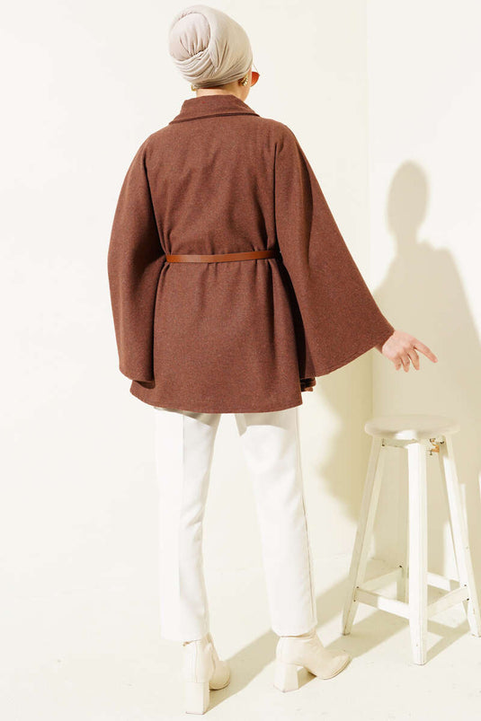 Poncho en cachemire marron à col chemise et ceinture
