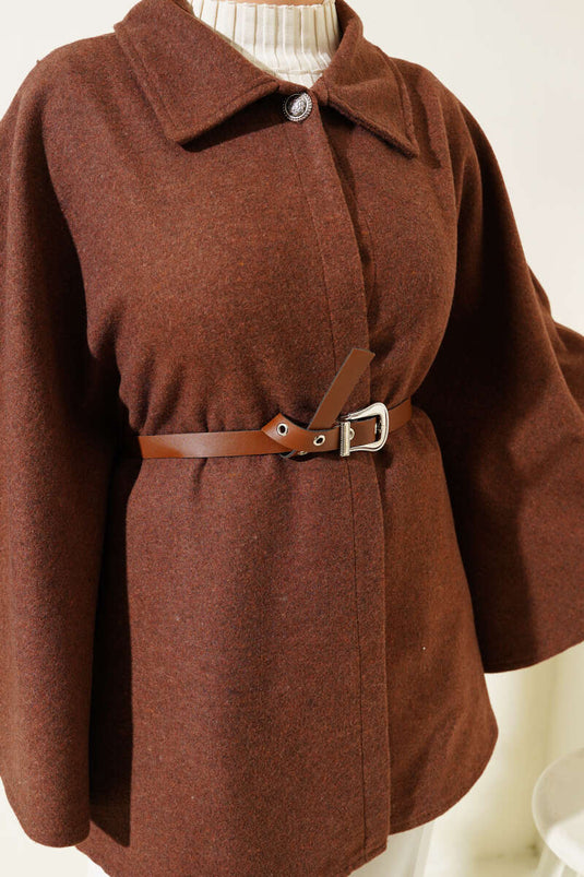 Shirt Collar Belted Cashmere Poncho Brown