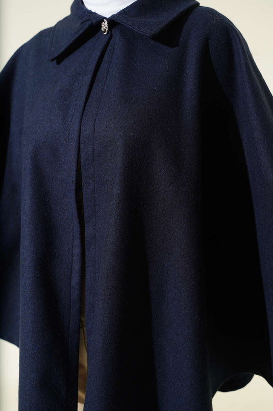 Gömlek Yaka Kemerli Kaşe Panço Lacivert