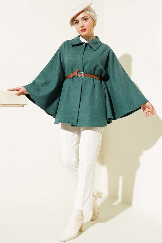 Shirt Collar Belted Cashmere Poncho Green