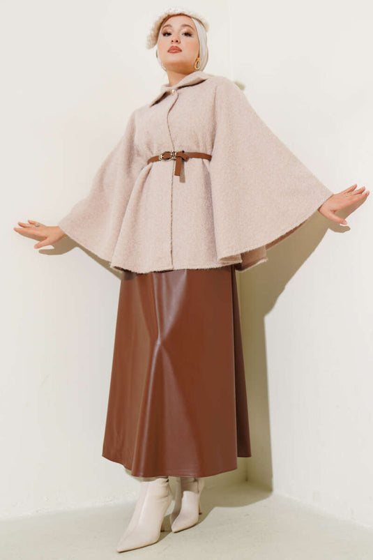 Shirt Collar Belted Poncho Beige