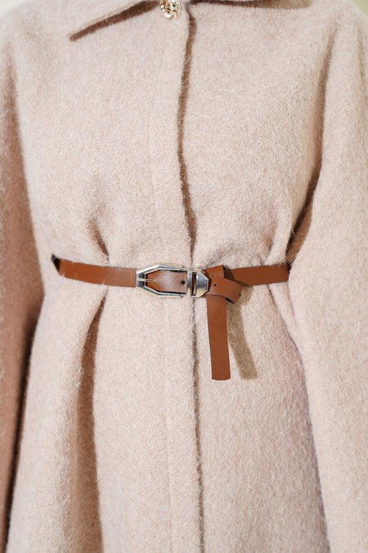 Shirt Collar Belted Poncho Beige