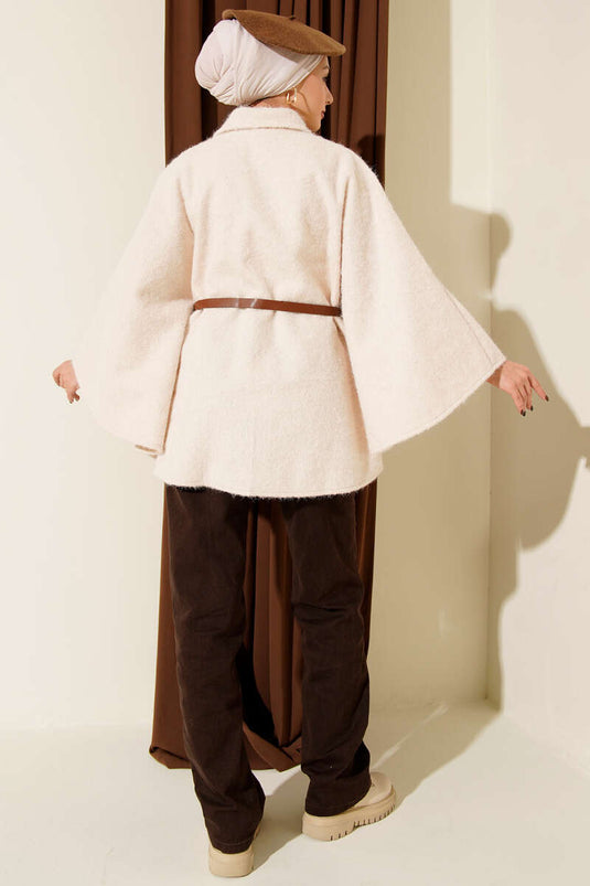 Poncho crème à col chemise et ceinture