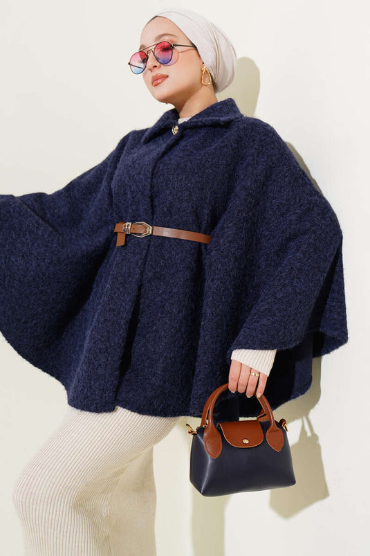 Shirt Collar Belted Poncho Navy Blue