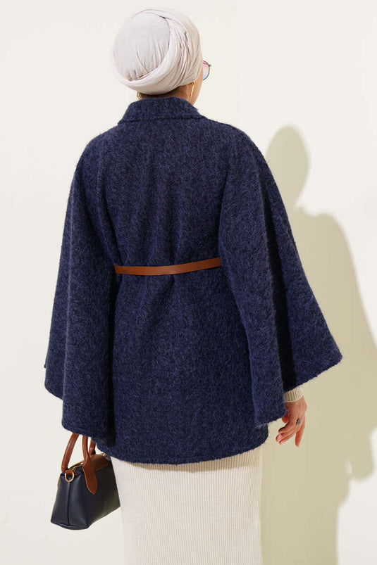 Shirt Collar Belted Poncho Navy Blue
