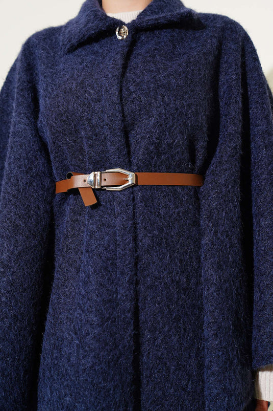 Shirt Collar Belted Poncho Navy Blue