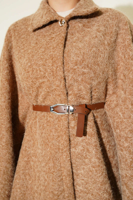 Shirt Collar Belted Poncho Latte