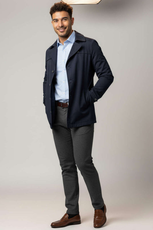 Trench-coat court à col chemise pour homme, bleu marine