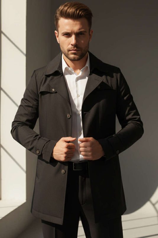 Trench-coat court noir à col chemise pour homme
