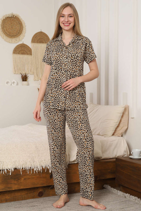 Kurzarm-Pyjama-Set mit Hemdkragen, Leopardenmuster