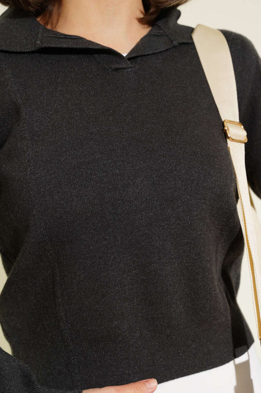 Shirt Collar Short Knit Sweater Smoke Color