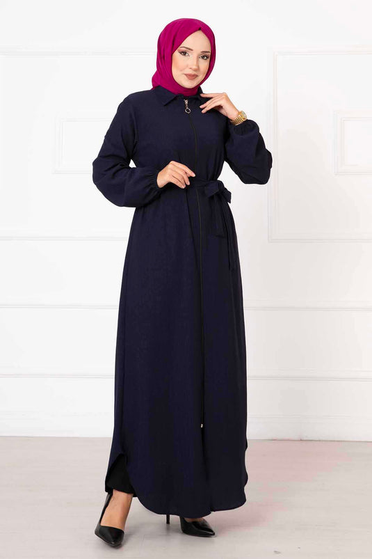 Col Chemise Manches Elastiques Abaya Bleu Marine