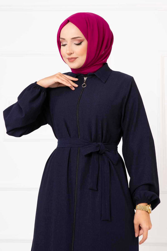 Col Chemise Manches Elastiques Abaya Bleu Marine