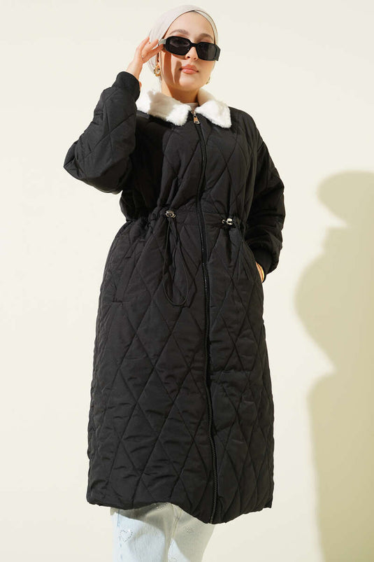 Gömlek Yaka Kürklü Kapitone Mont Siyah