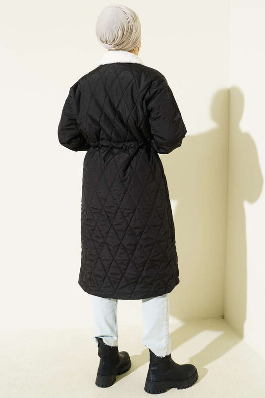 Gömlek Yaka Kürklü Kapitone Mont Siyah