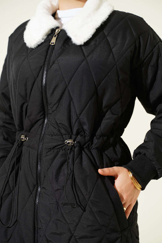 Gömlek Yaka Kürklü Kapitone Mont Siyah